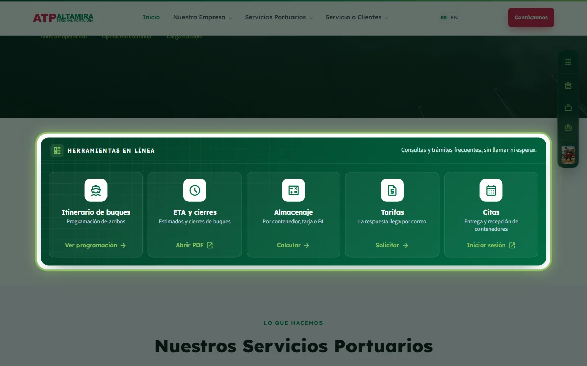 P&aacute;gina de inicio con la franja Herramientas en l&iacute;nea resaltada, justo debajo del banner principal